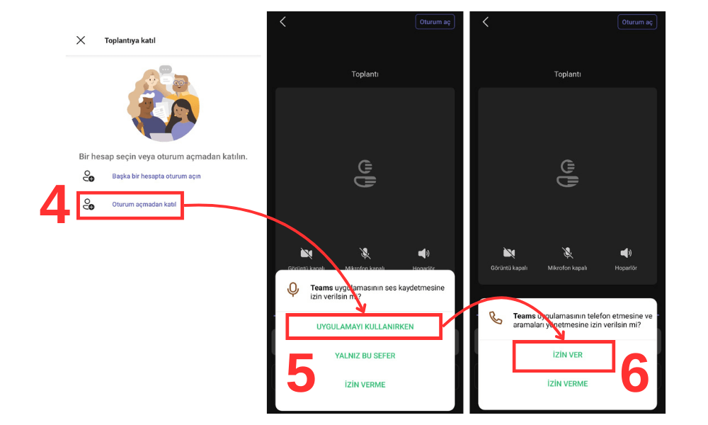 Devamsızlık hakkını kullanan adayların android cihazlardan bağlantı esnasından ses izinlerinin verilmesi gerekir.